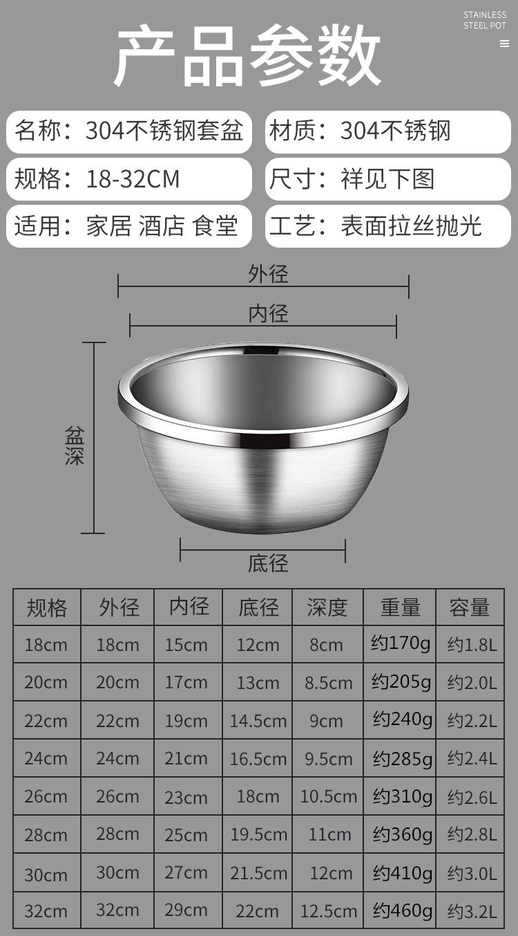  德国304食品级不锈钢盆家用厨房洗菜漏盆加厚加深打蛋和面盆套装