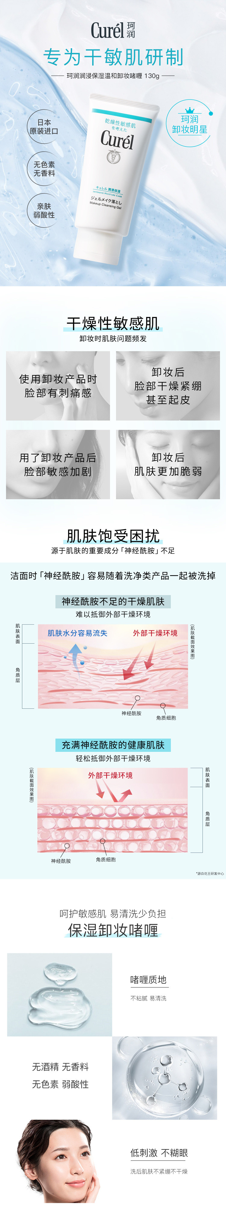 curel花王珂润保湿卸妆啫喱130g敏感肌女清爽温和清洁