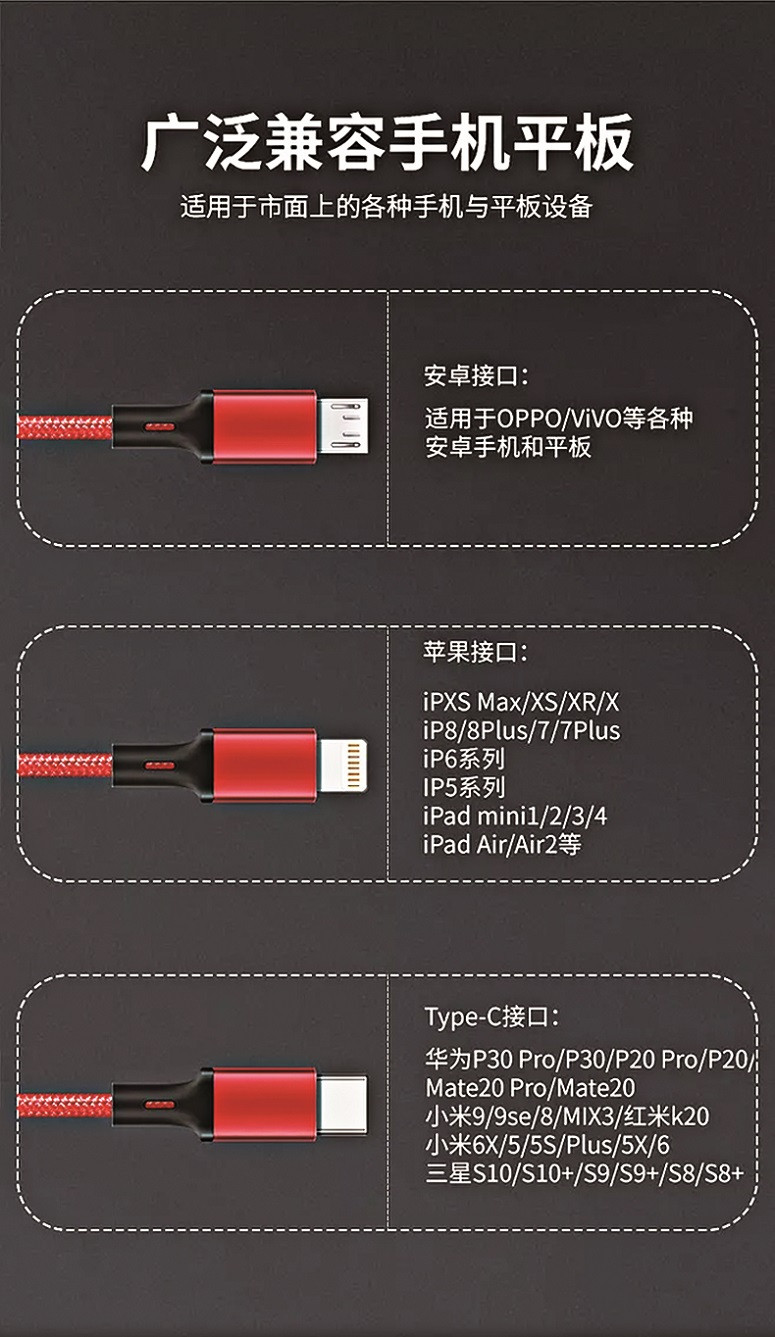 韩国现代/HYUNDAI 三合一数据线手机快充充电线  苹果+安卓+Type 通用