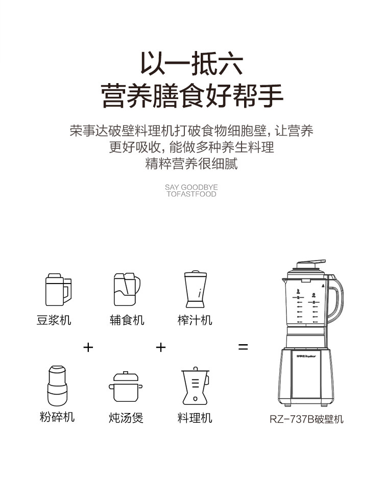 荣事达1.75L智能语音加热破壁机家用豆浆机全自动绞肉机果汁机料理机辅食机搅拌机榨汁机RZ-737B