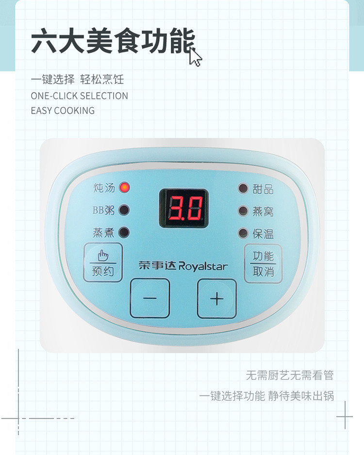 荣事达多功能隔水炖白瓷内胆煮粥锅慢炖家用电炖盅RDZ-S1002ZL 白色