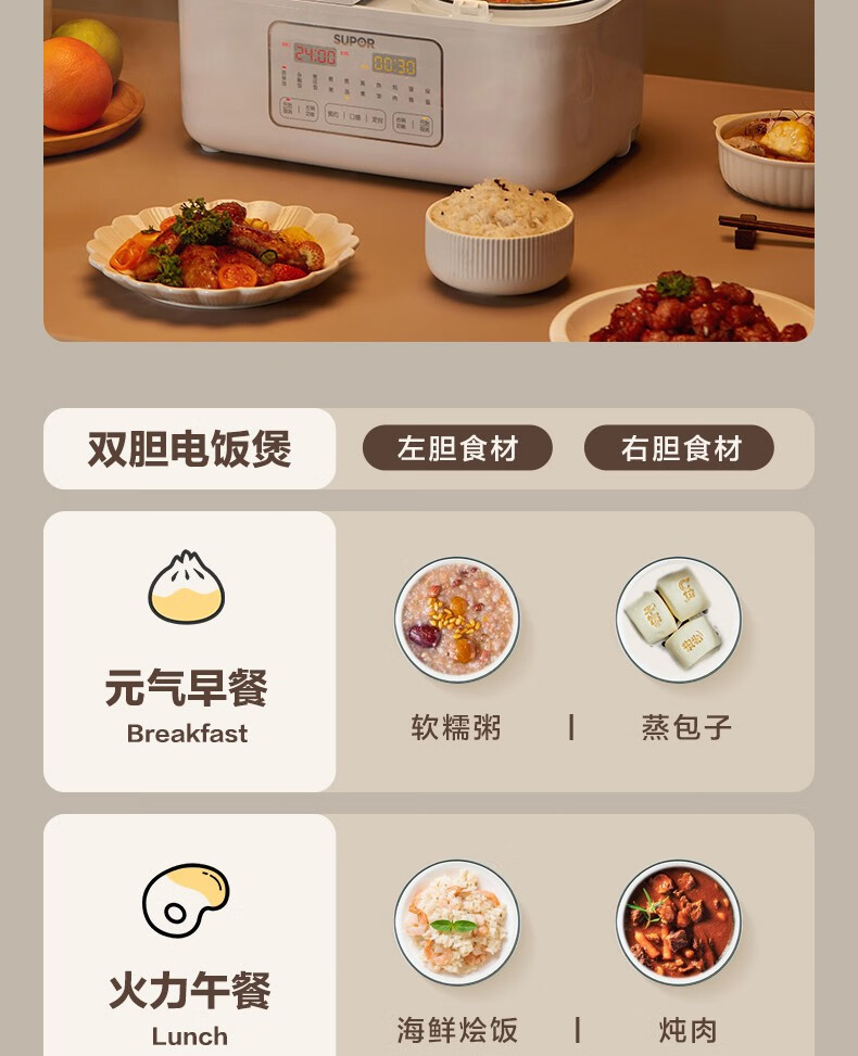 苏泊尔/SUPOR 双胆电饭煲一体双拼家用2+2L多功能煲汤蒸煮SF20TC60
