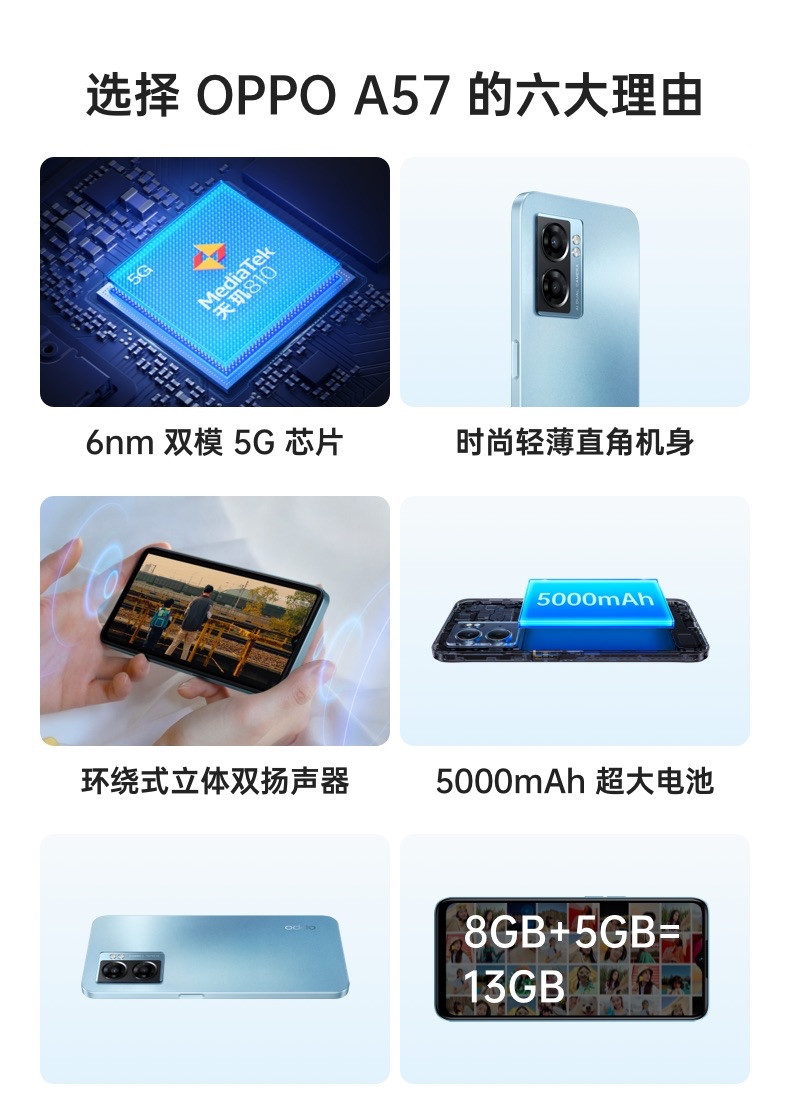 OPPO A57 双模5G 天玑810 5000mAh大电池 200%的超级音量 5G手机