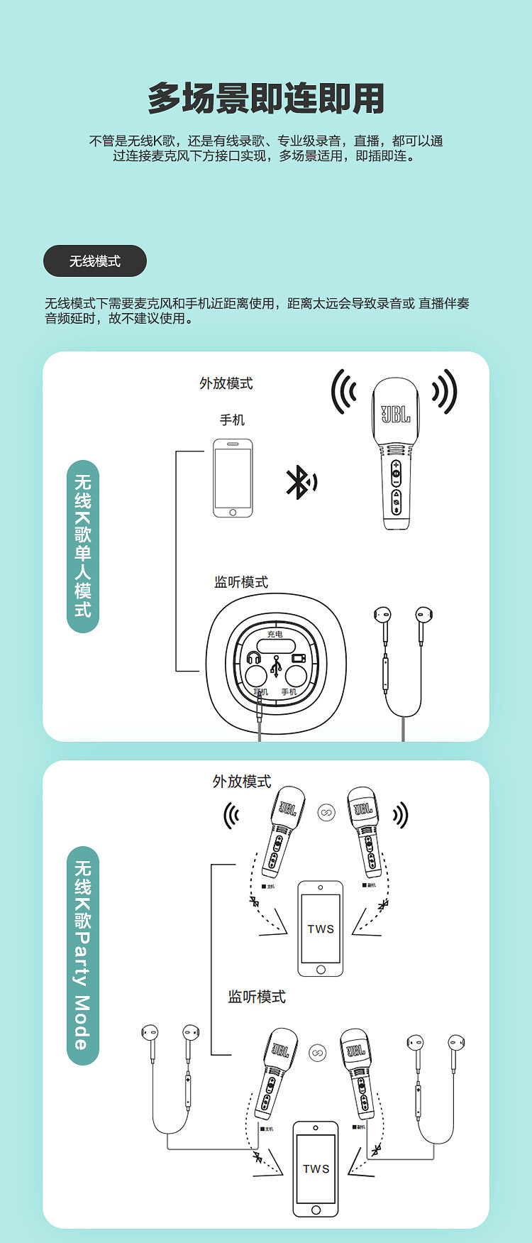 JBL 音乐唱将KMC300无线麦克风蓝牙话筒音响一体麦克风全民/K歌 儿童话筒K歌宝家庭k歌