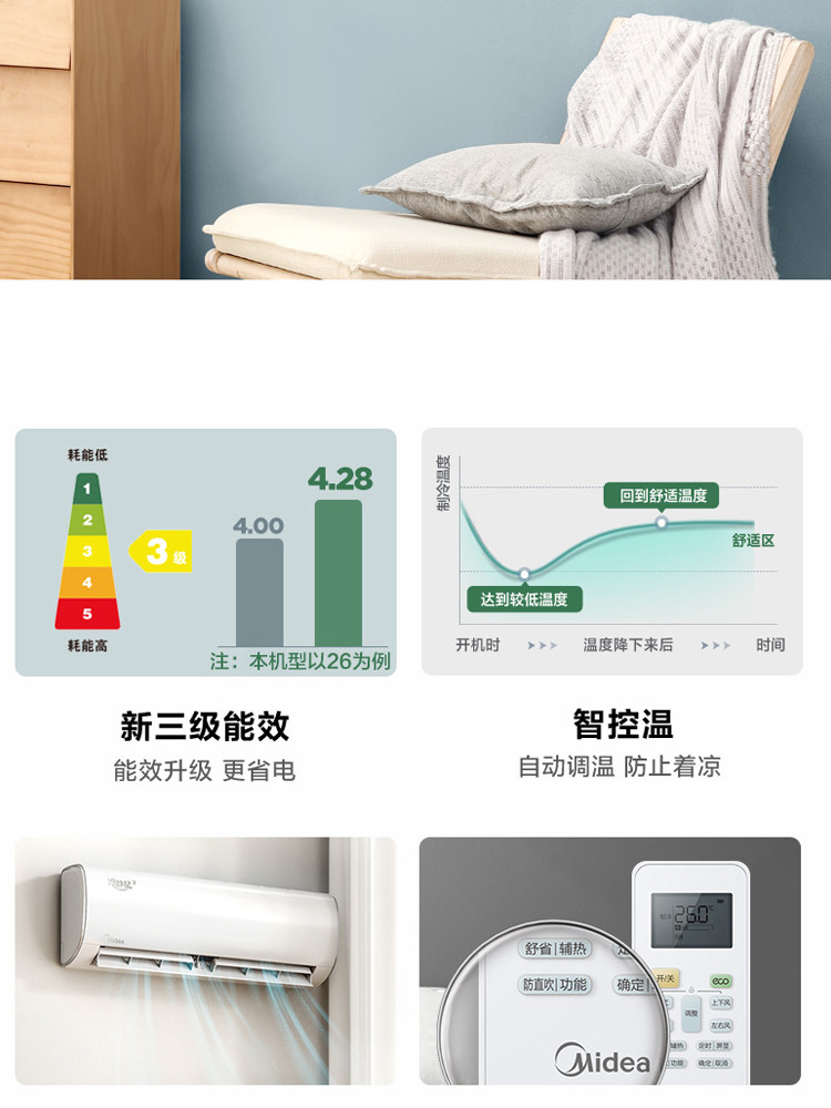 美的(Midea) 1.5匹变频冷暖安静节能智能WiFi挂机一键防直吹 冷静星PH400(3)A