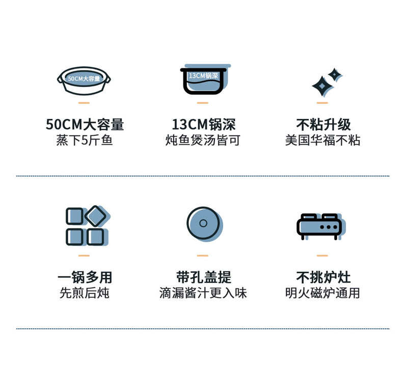 奥克斯/AUX 蒸鱼锅蒸鱼神器不粘锅加厚椭圆电磁炉煤气灶通用蒸煮锅具 不沾蒸鱼锅