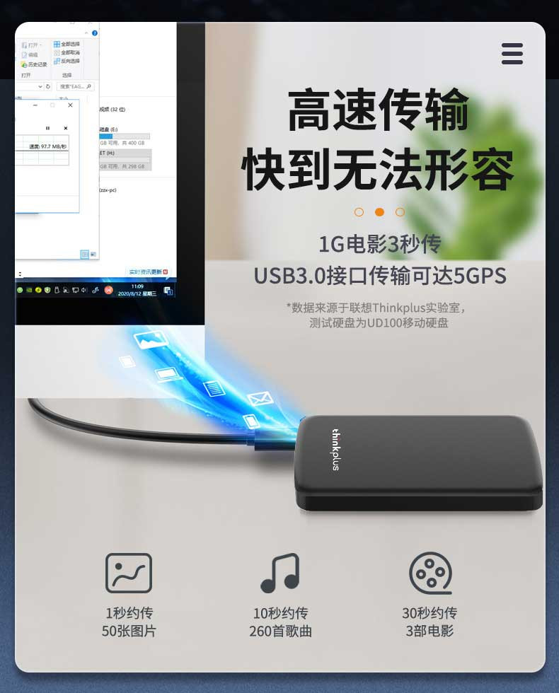 thinkplus /移动硬盘USB3.0 文件数据存储备份高速传输 防震便携1TB