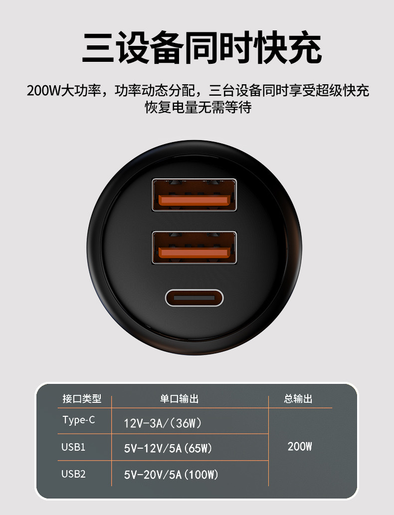 纽曼车载充电器200W大功率快充一拖三汽车点烟器P6S黑色【200W快充+三合一快充线】