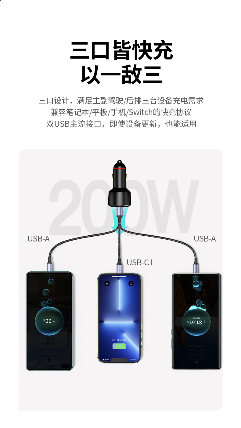 纽曼车载充电器200W大功率快充一拖三汽车点烟器P6S黑色【200W快充+三合一快充线】