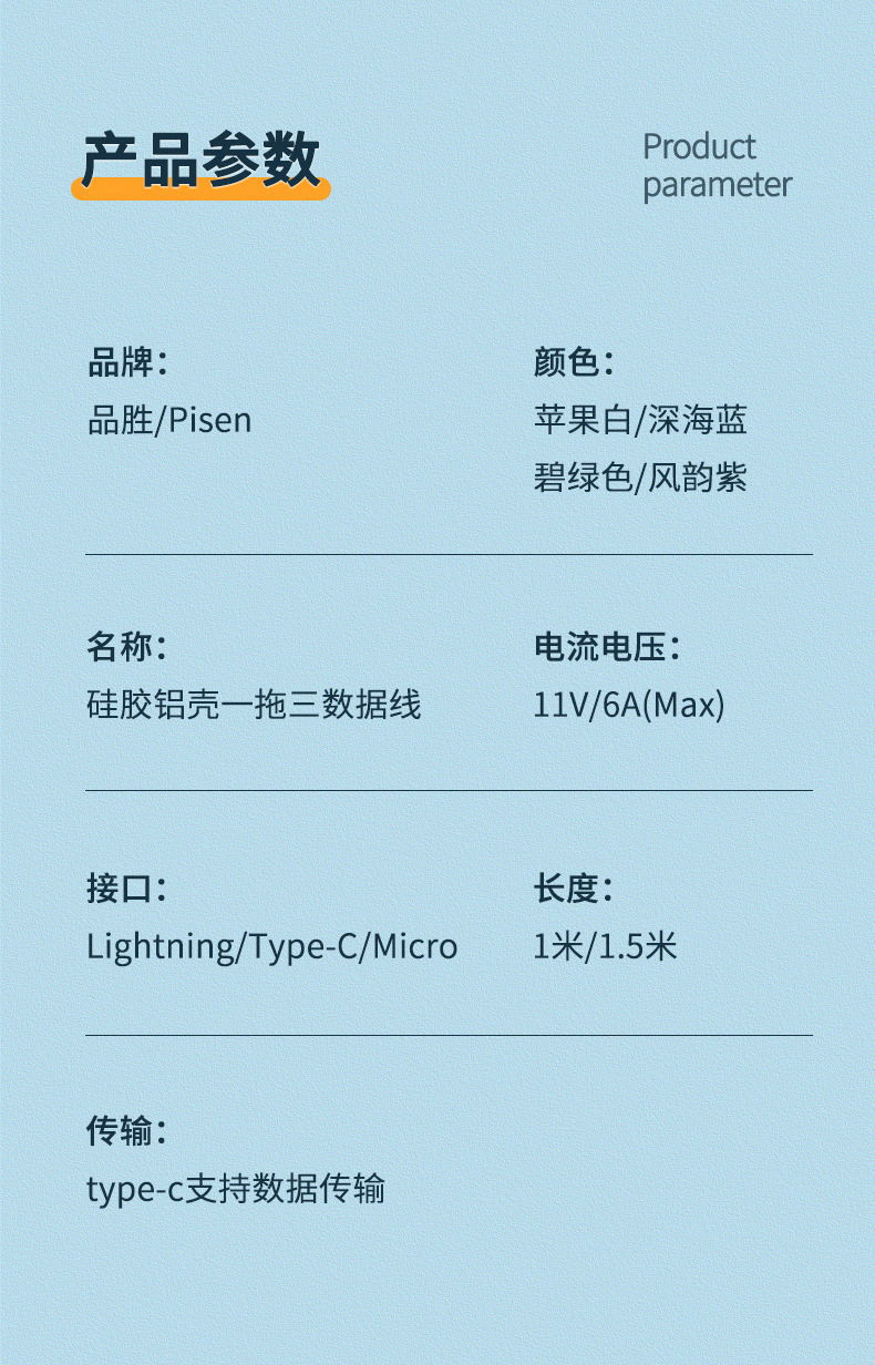 品胜/PISEN 数据线三合一快充6A 苹果Type-C安卓1米一拖三充电线66w