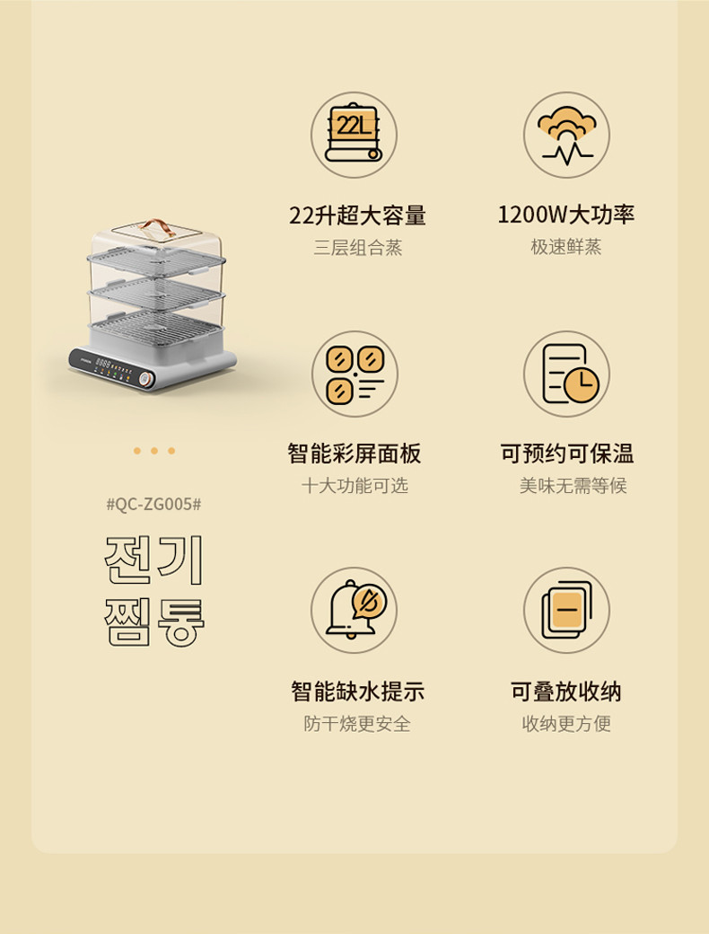 HYUNDAI 【邮乐官方直播间】电蒸锅 22L彩屏触旋双控可视三层蒸笼家用【不锈钢蒸盘款】