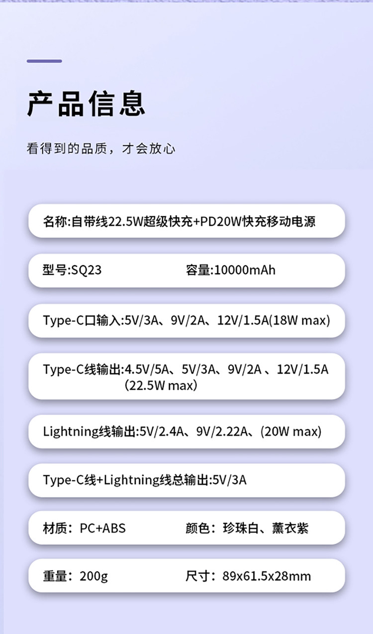 沃品（WOPOW）SQ23自带双线10000毫安屏显适用于22.5w超级快充PD20W充电宝