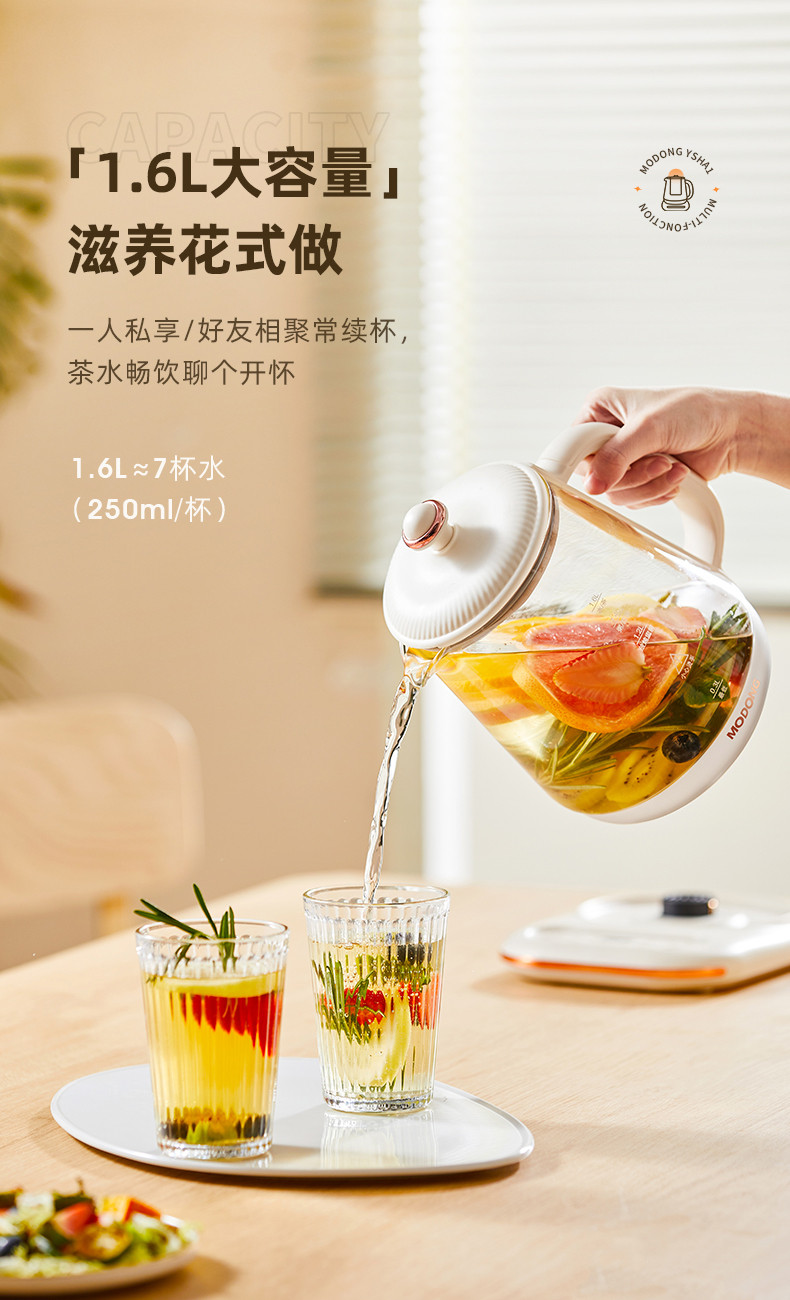 摩动（modong） 养生壶 全自动办公室玻璃煮茶器烧水壶1.6L热水壶MD-YSHA1带滤网+炖盅