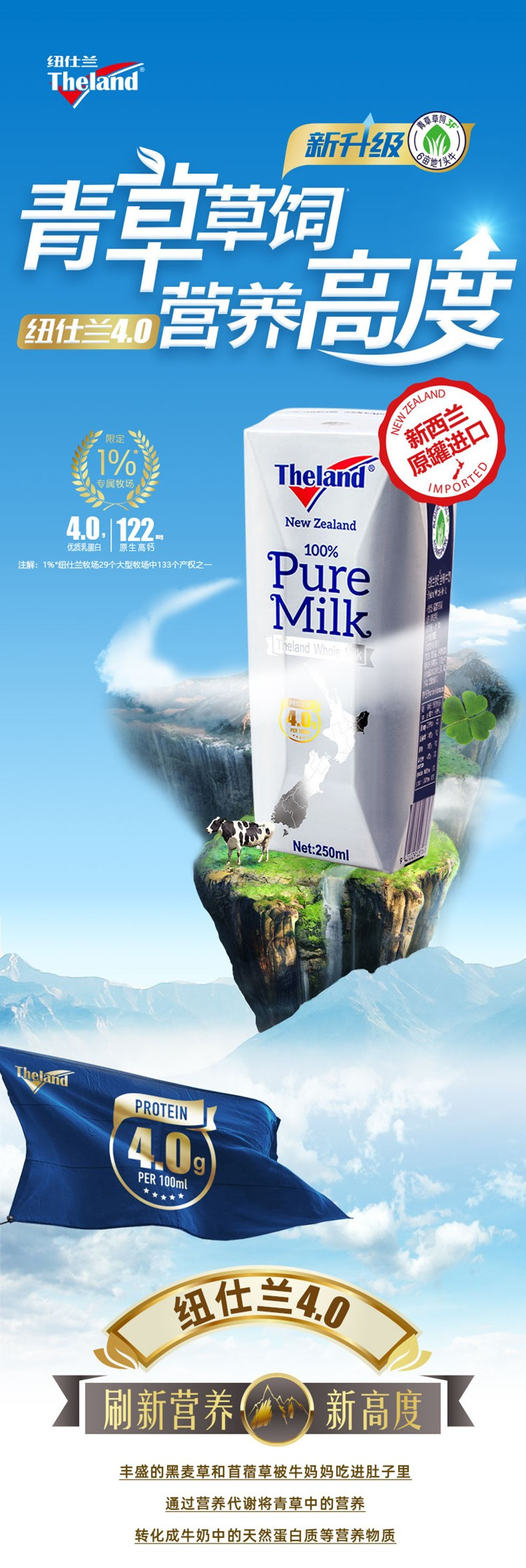 纽仕兰 4.0g 新西兰进口 全脂纯牛奶250ml*10礼盒