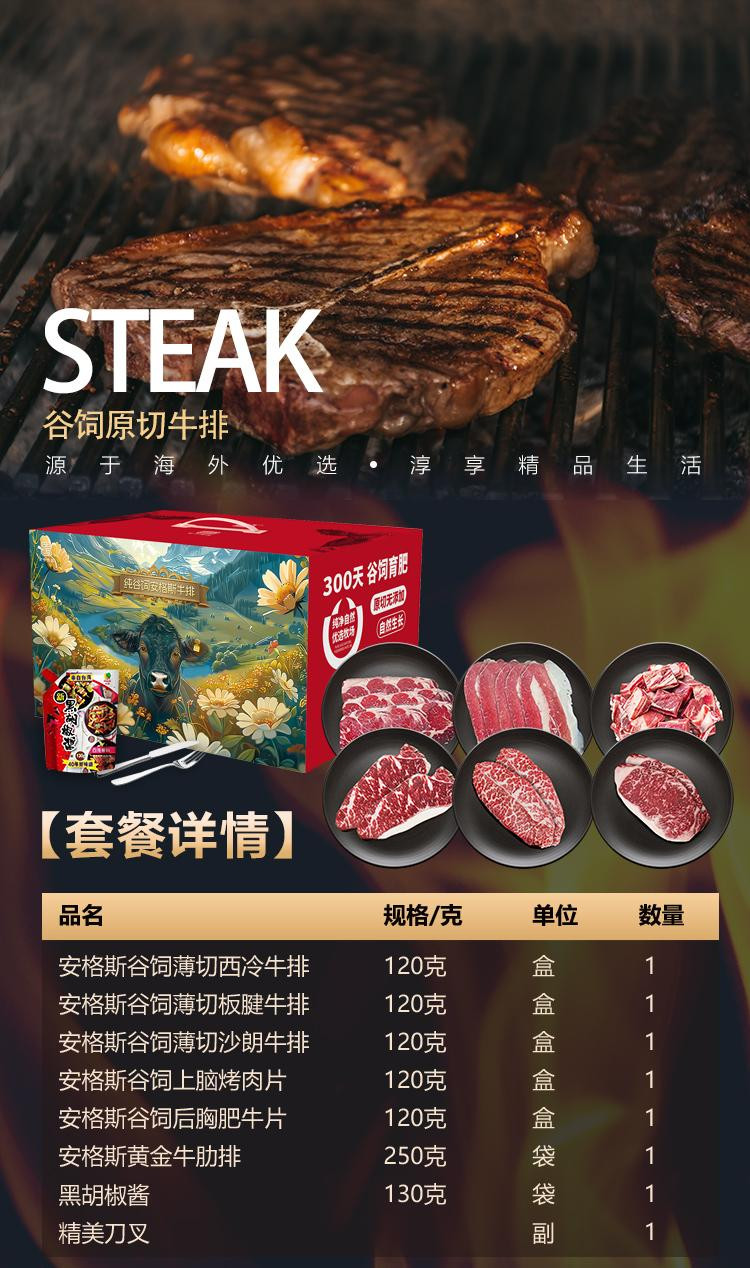 食中隽品 安格斯牛排礼盒298型 谷饲（西冷板腱沙朗）牛排 后胸肥牛片