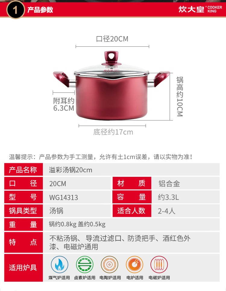 炊大皇/COOKER KING 溢彩不粘汤锅 家用双耳烧汤煮面锅火锅20cm/22cm