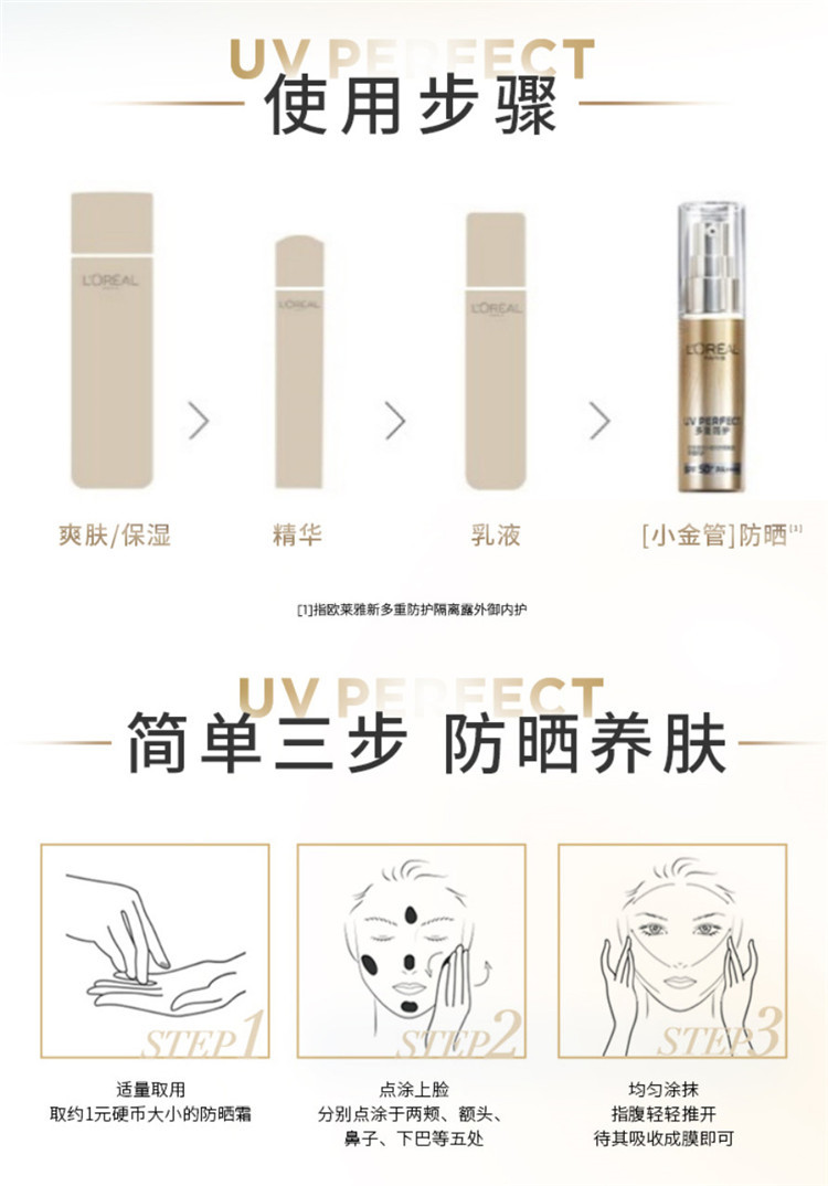 欧莱雅/LOREAL 新多重防护隔离露小金管防晒30ml+加送导入乳液50ml