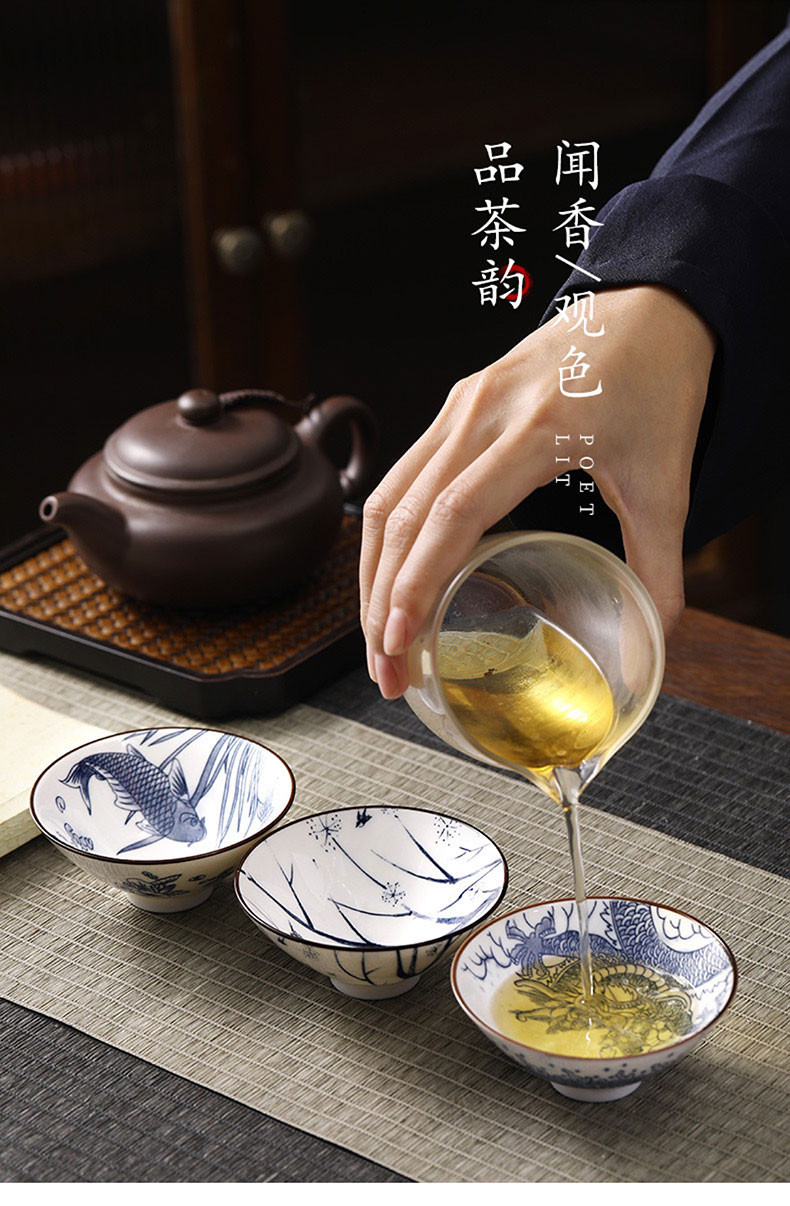 汖茗元 羊脂玉青花瓷斗笠杯 礼盒 【文泓百货】