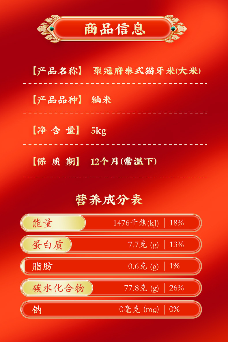 品冠膳食 泰式猫牙米10斤长粒大米5kg香糯绵软广东煲仔饭用米真空包装