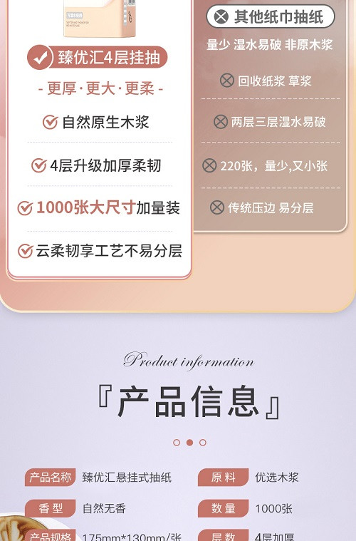 臻优汇 悬挂式纸巾250抽/提抽纸挂式大包纸抽挂抽同款4层家庭实惠装