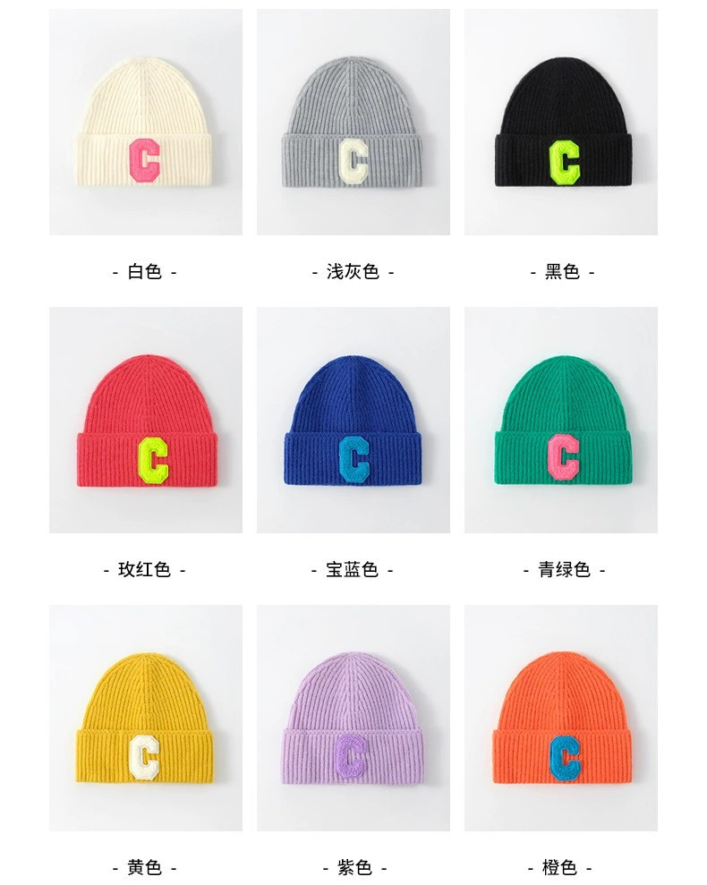 韩版简约C字母针织帽秋冬保暖毛线帽卷边帽显脸小