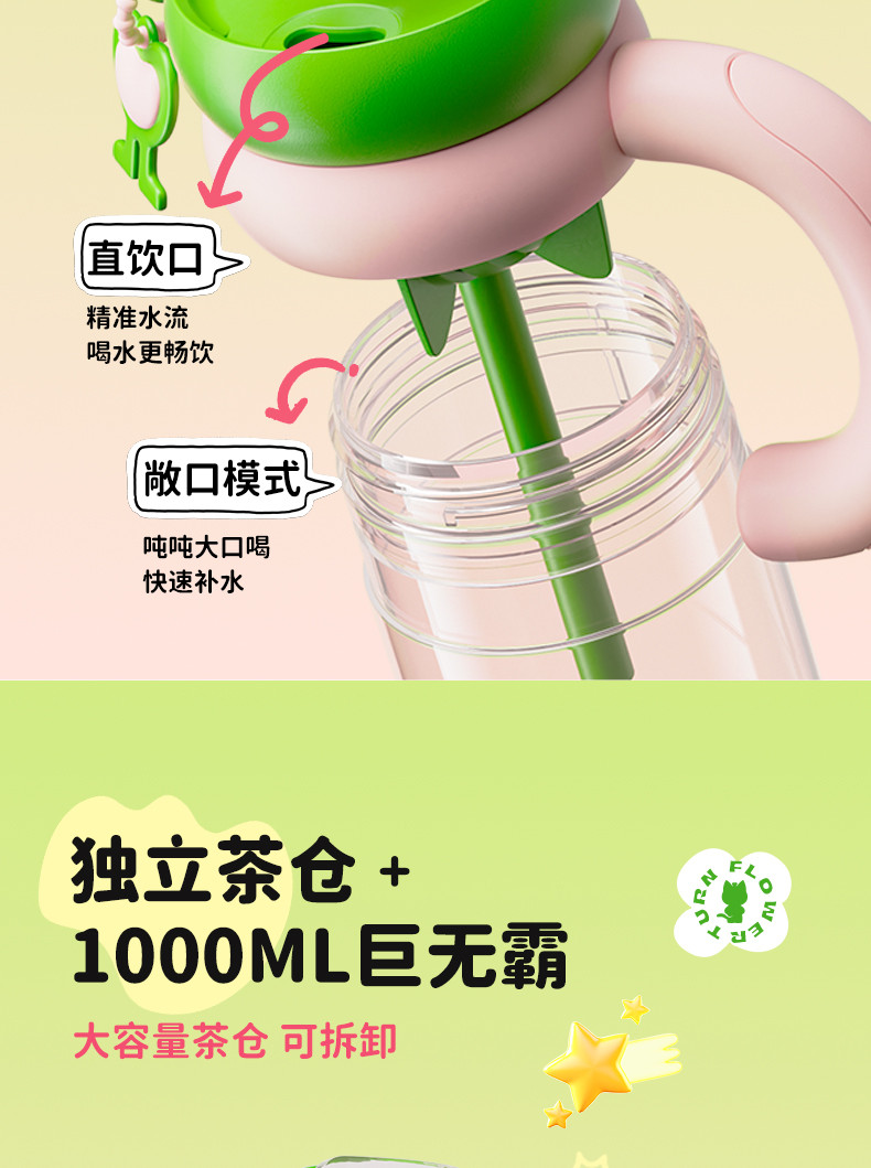 可可猫 可可花朵1000ml转转月牙提手杯YD-8307阳光蔷薇