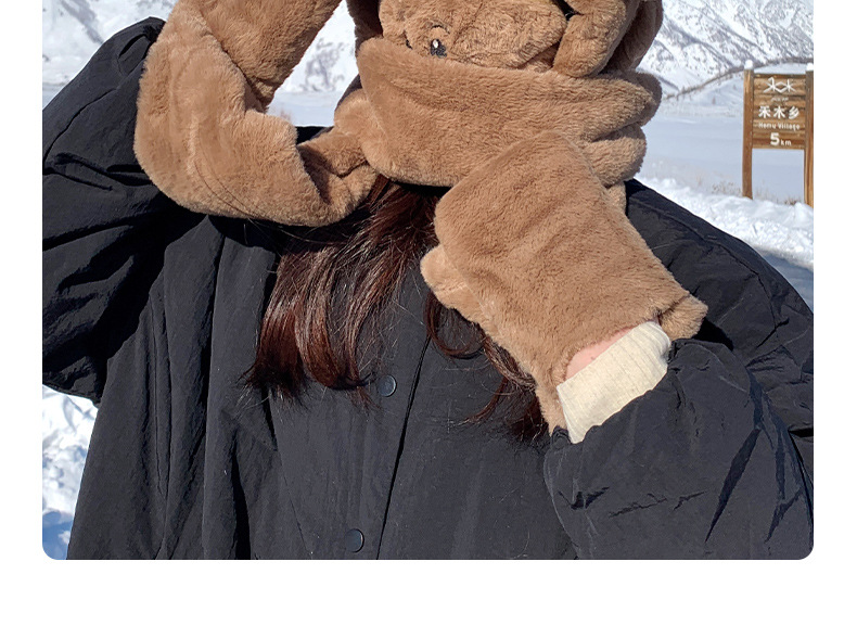 法米姿 可爱小熊帽子围巾口罩手套一体加绒加厚冬季防风纯色
