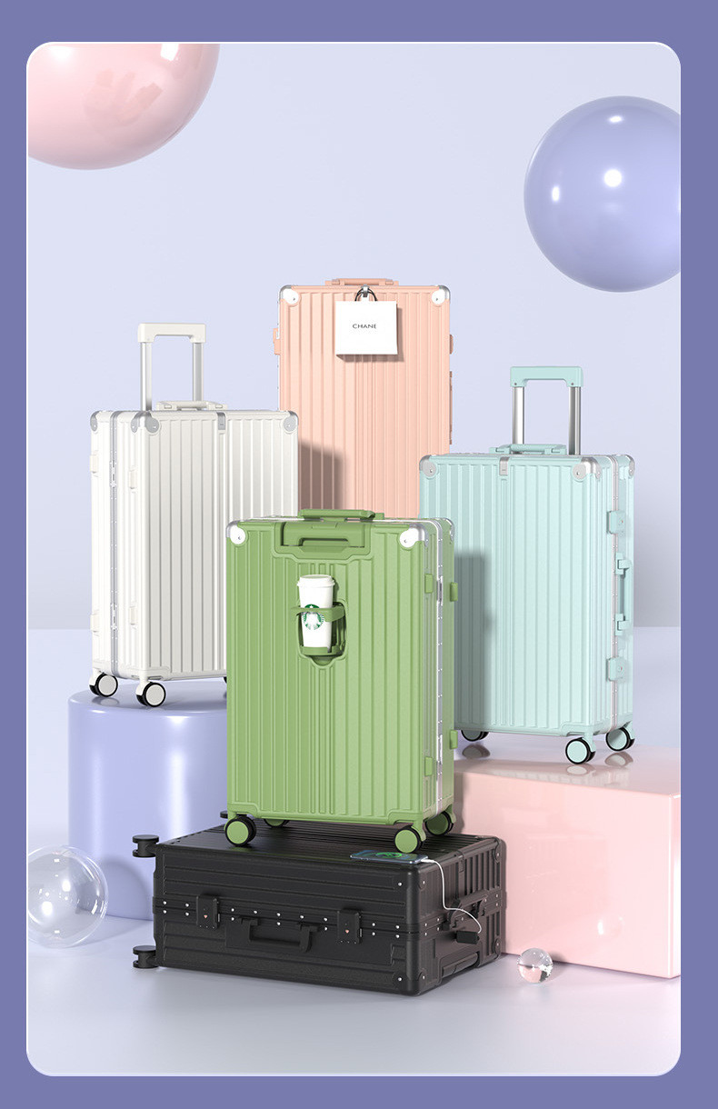 新益美 新款高颜值行李箱女多功能铝框拉杆箱静音登机旅行箱