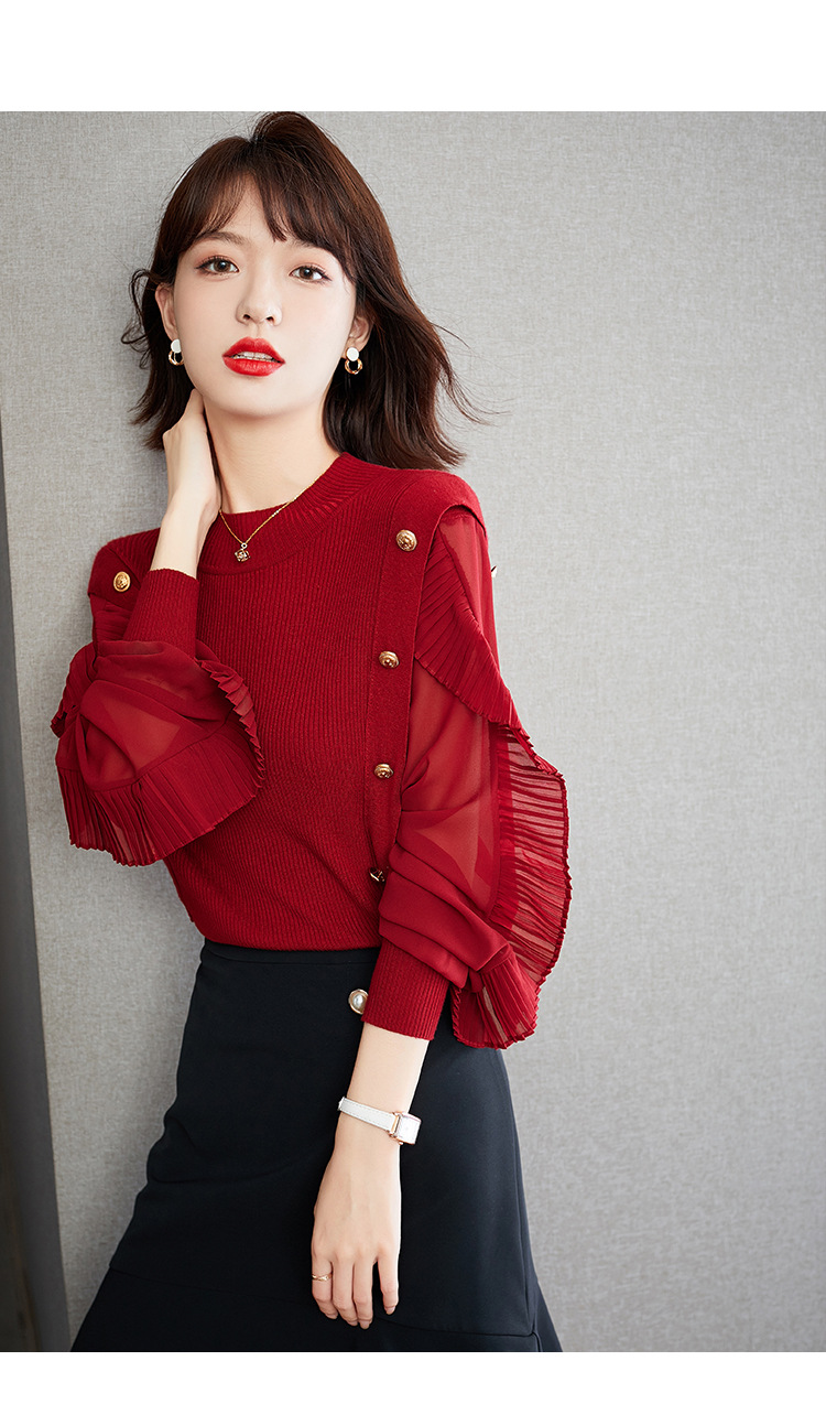  法米姿 红色针织衫女荷叶边设计感小众灯笼袖毛衣