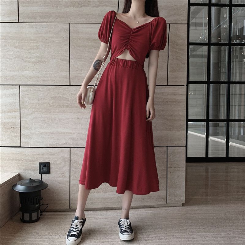  法米姿 夏季新款气质复古褶皱风设计感假两件高腰显瘦连衣裙