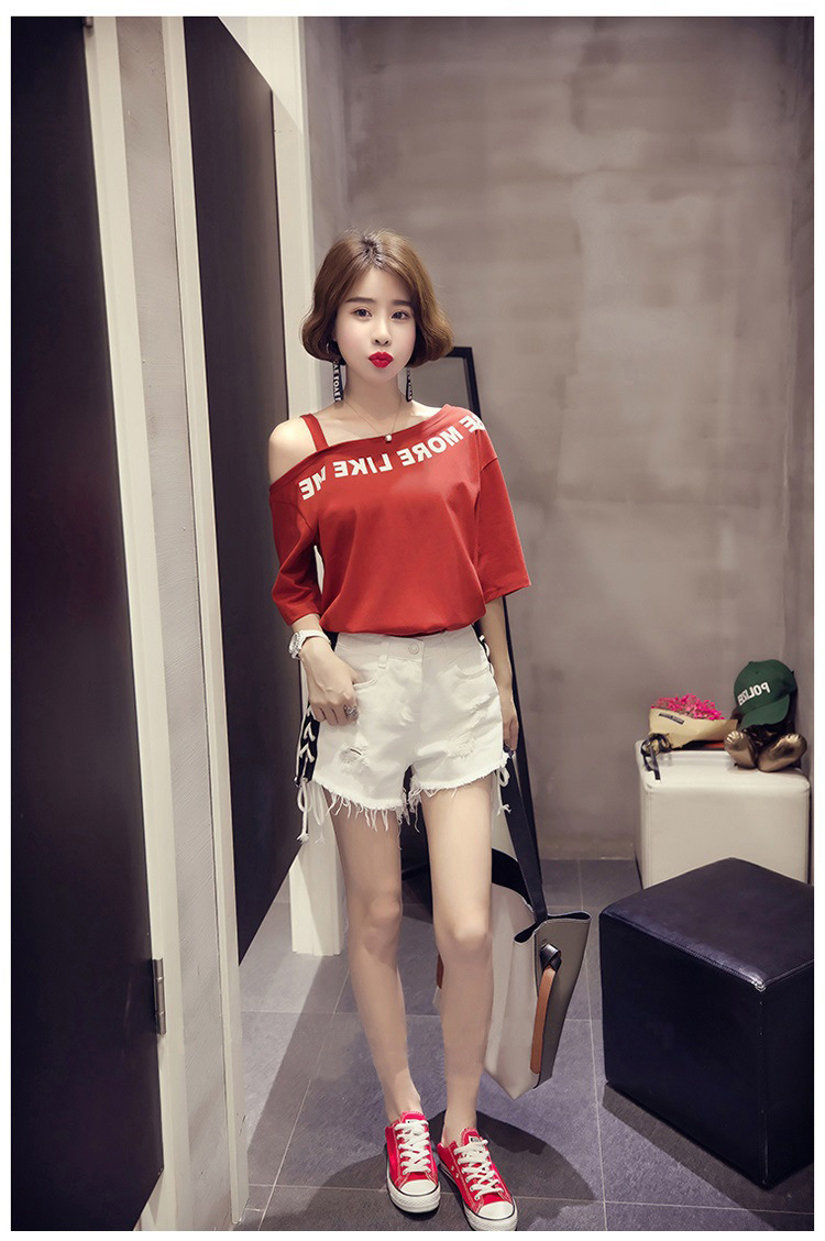 法米姿 夏季新款韩版宽松女装露肩休闲斜领短袖T恤