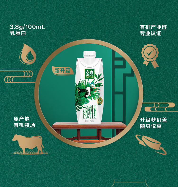 伊利 金典有机梦幻盖纯牛奶 含3.8g乳蛋白 250mlx10盒x2箱装