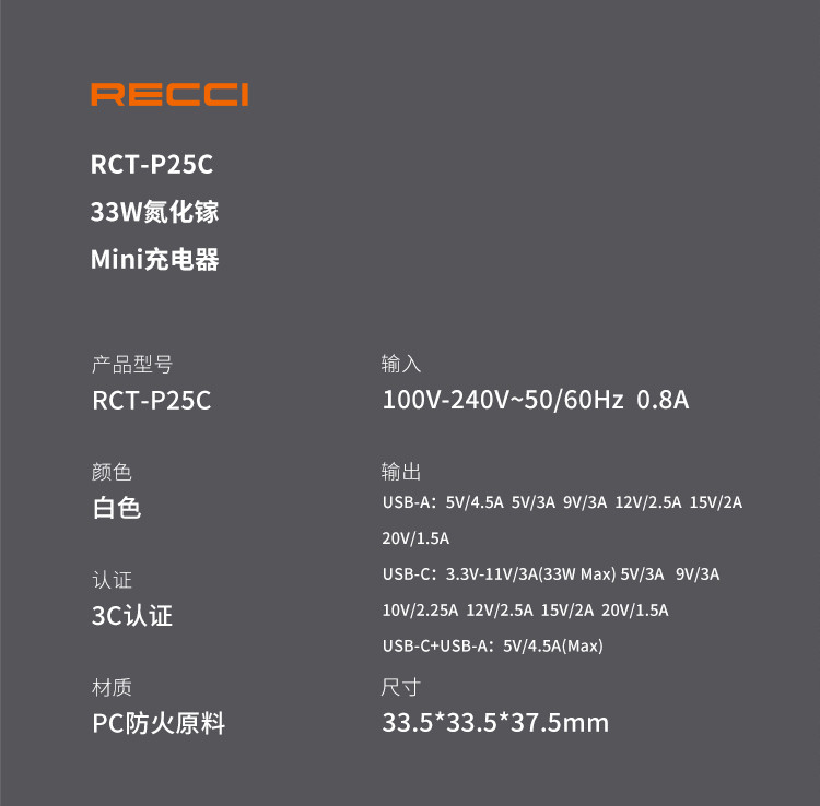 锐思/RECCI 33W氮化镓Mini充电器