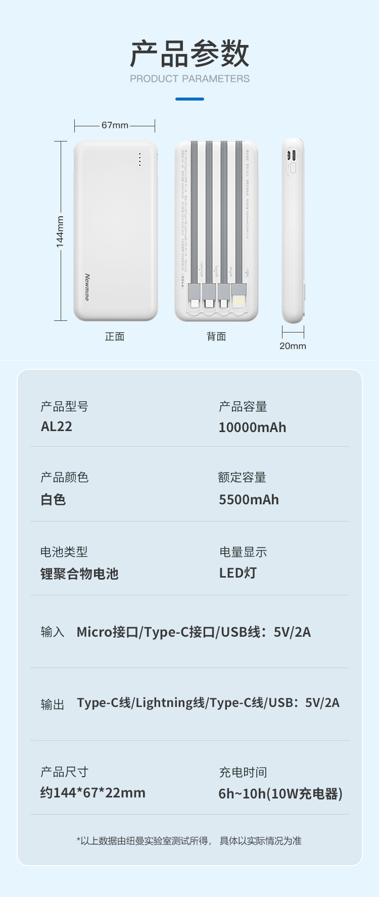 纽曼（Newmine） 自带线10000毫安时移动电源一拖四LED显示2A快充通用