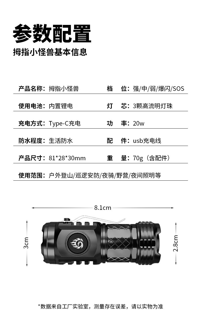 刺狐 新品强光三眼怪手电筒高亮灯芯家用便携多功能 户外LED手电筒