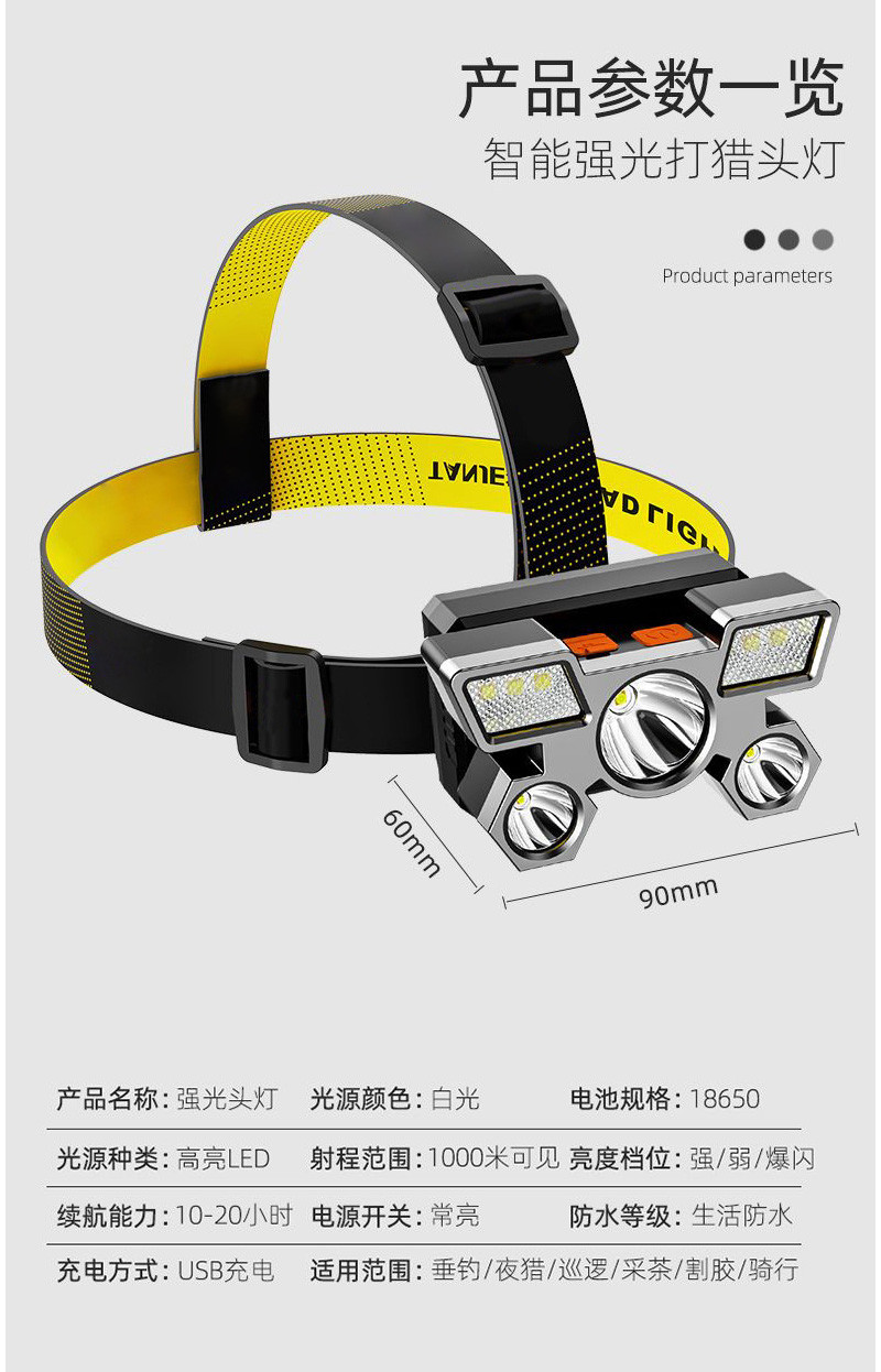 刺狐 LED强光五头飞机灯强光超亮夜钓灯头戴式工作灯超长续航户外矿