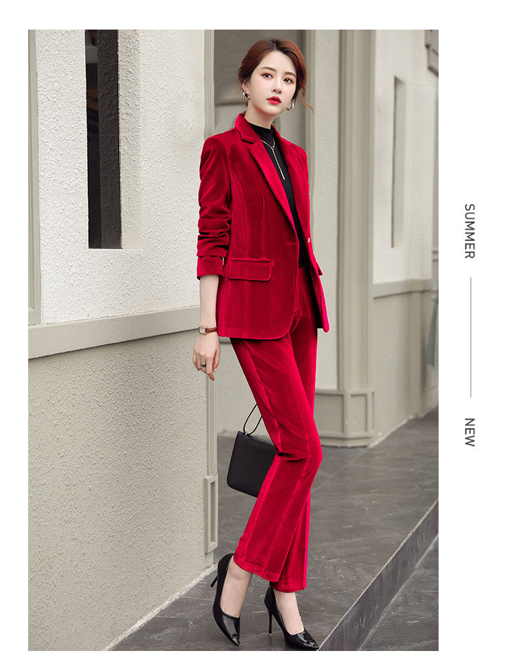  谜子 女士金丝绒西服套装一粒扣时尚气质年会主持红色套装 时尚通勤