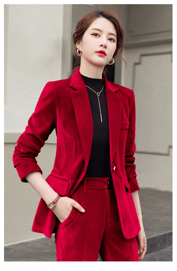  谜子 女士金丝绒西服套装一粒扣时尚气质年会主持红色套装 时尚通勤