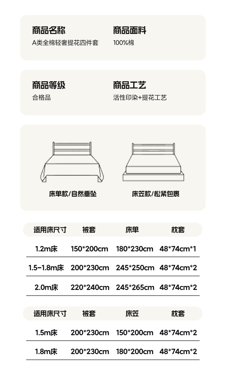 迹添雅 A类母婴级纯棉贡缎提花四件套纯色全棉床单被套床笠款