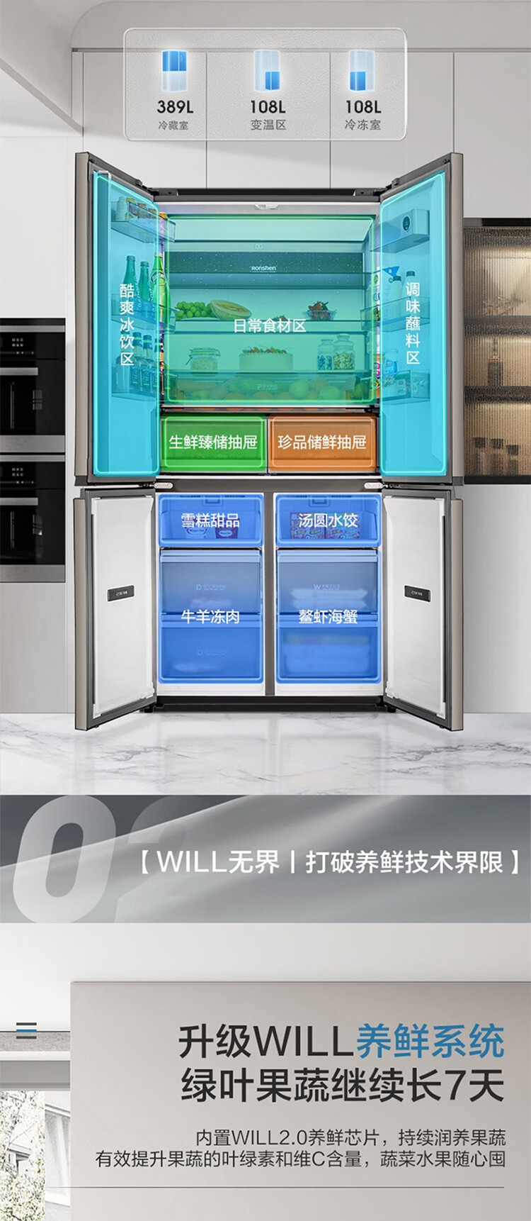 容声/Ronshen 【WILL无边界】605升超薄大容量变频十字门冰箱