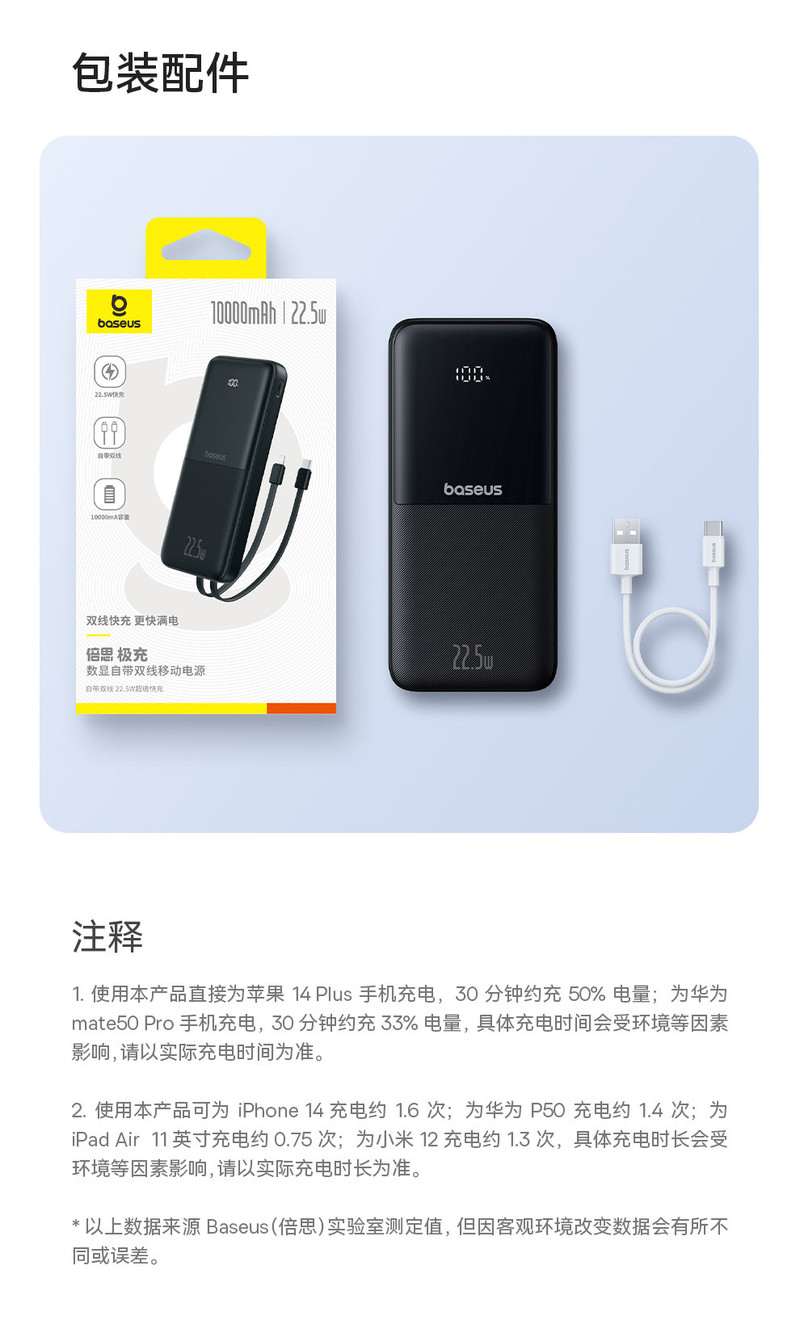 倍思 极充 数显双线移动电源 10000mAh 22.5W 星曜黑