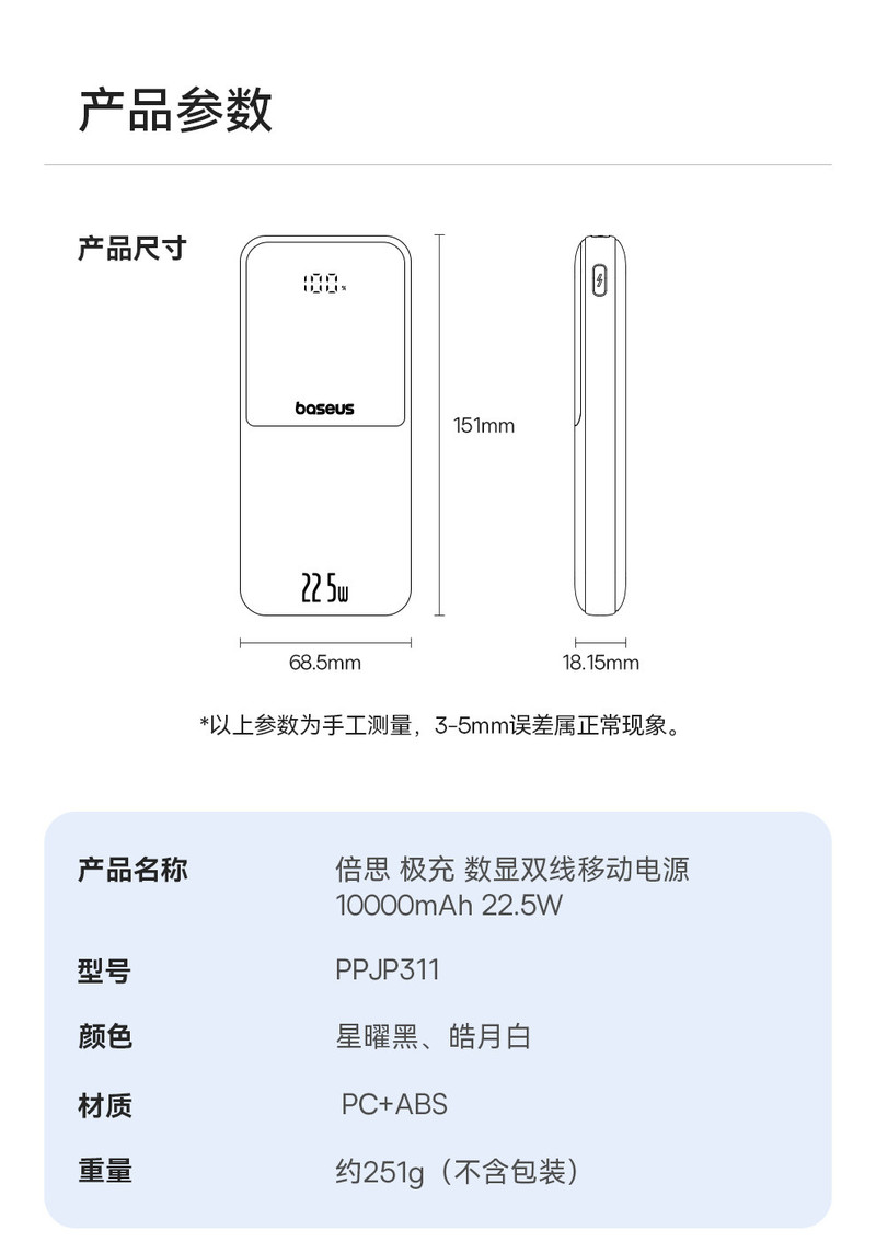 倍思 极充 数显双线移动电源 10000mAh 22.5W 星曜黑