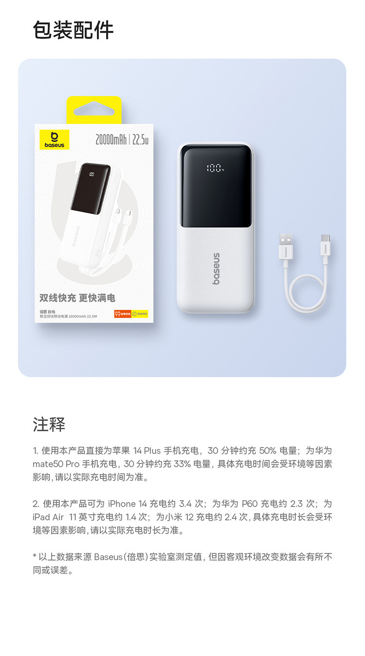 倍思 极电 数显双线移动电源 20000mAh 22.5W