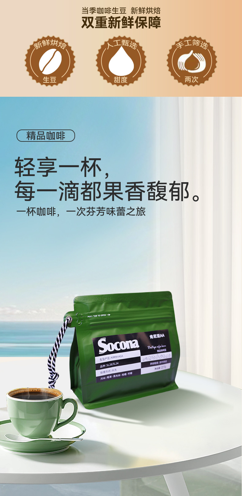 索可纳 Socona埃塞俄比亚耶加雪菲G1咖啡豆227g新鲜浅烘焙冷