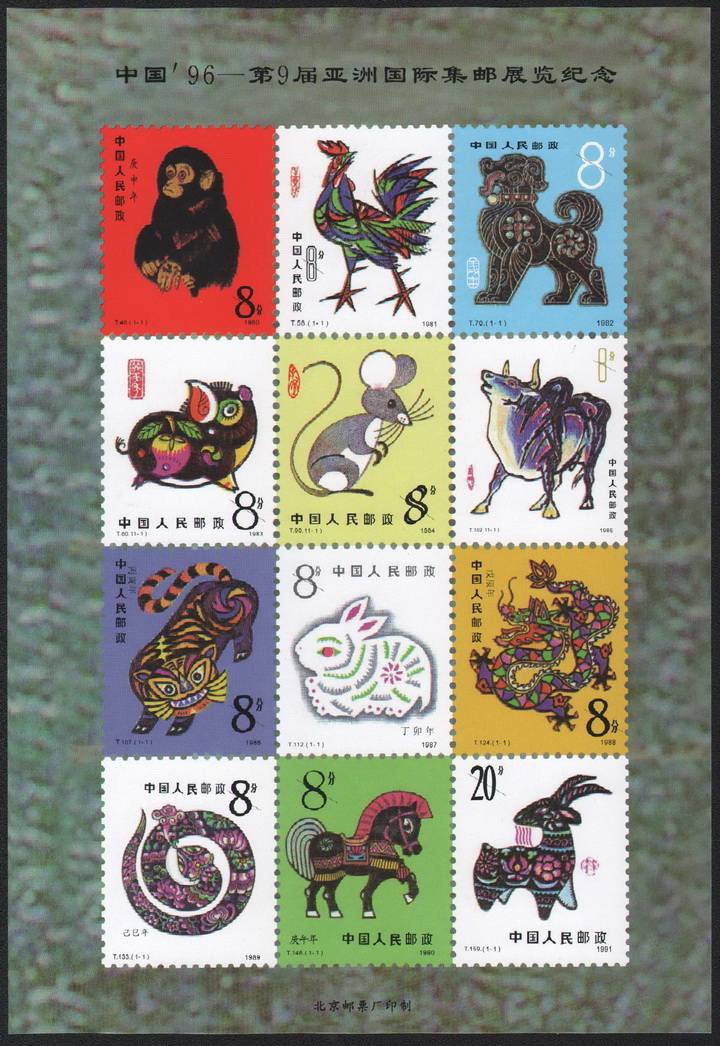 E082早期珍稀北京邮票厂1996年一轮十二生肖邮票大全无齿纪念张