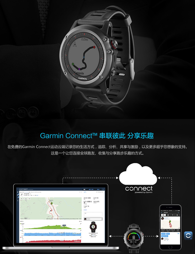 佳明(Garmin)手表 GPS多功能户外运动登山腕表男表炫黑版fenix3飞耐时3