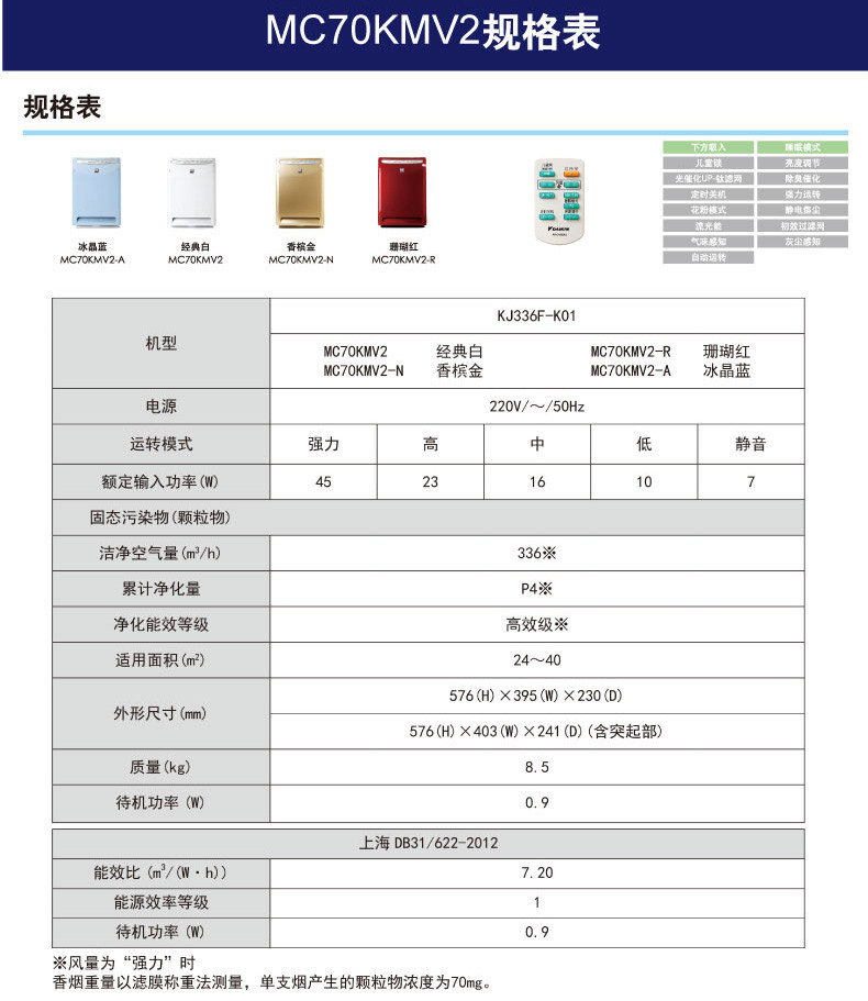 DAIKIN 大金 流光能空气净化器 MC70KMV2-N（金色）