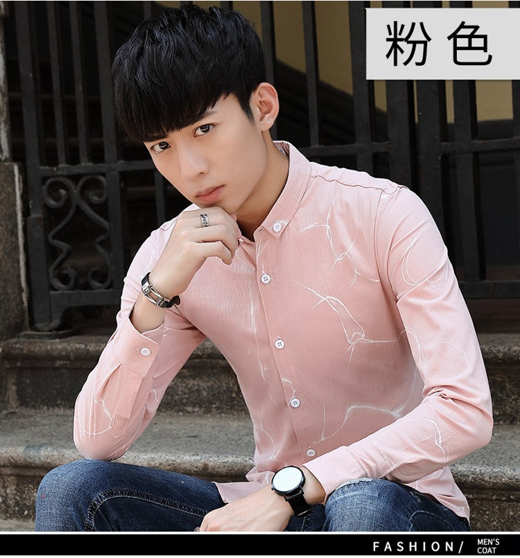 新款男式印花长袖衬衫 青年韩版修身棉弹潮流印花衬衣