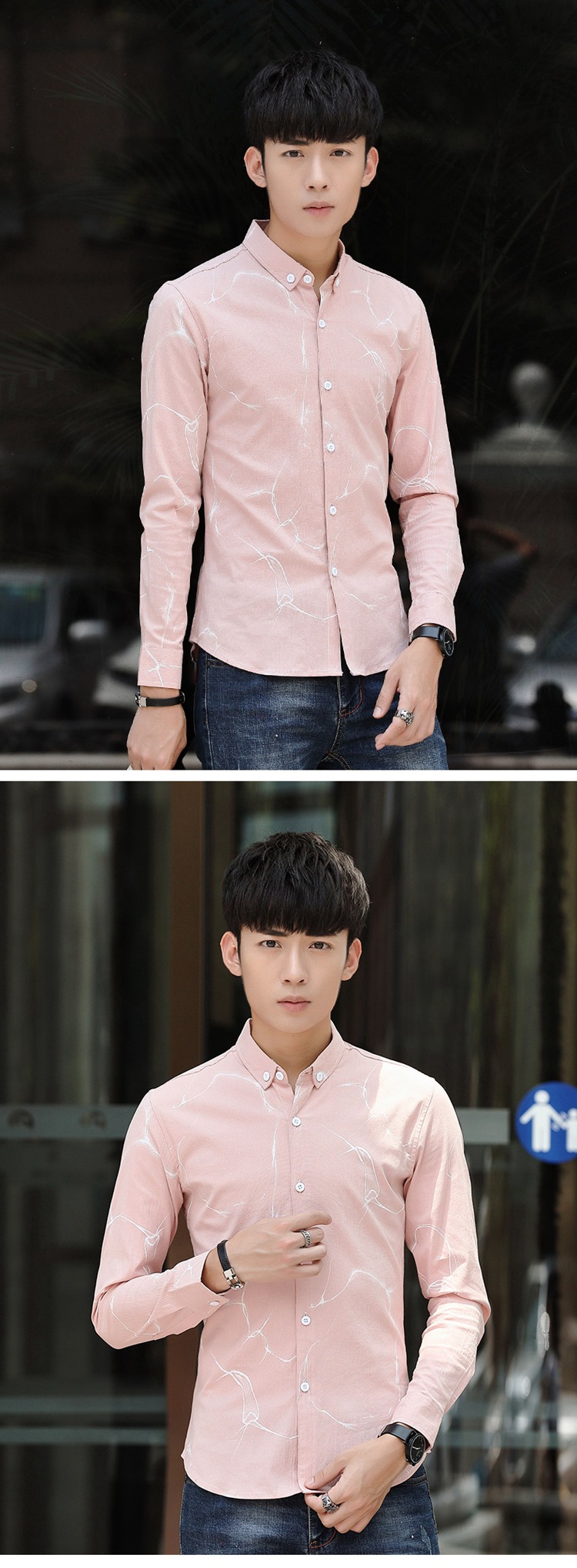 新款男式印花长袖衬衫 青年韩版修身棉弹潮流印花衬衣