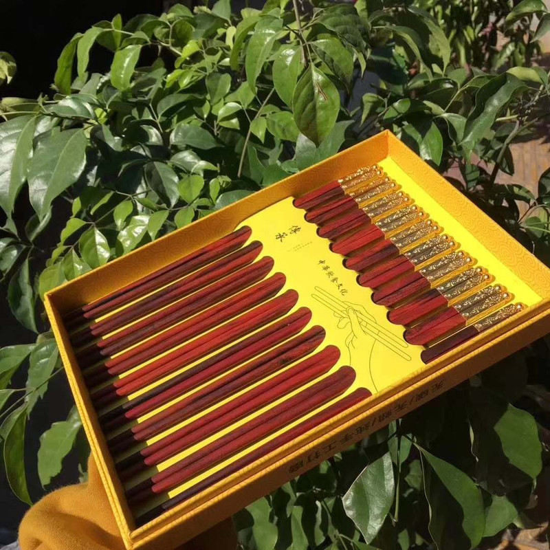 实木大红酸枝包铜筷子家用木筷子礼盒10双装原木筷子
